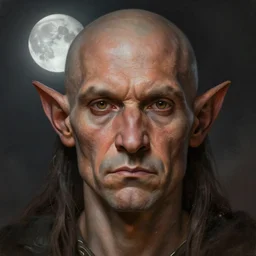 halfling portrait, rough daker skin, moon, ashes, fantasy, intricate, elegant, highly detailed, symmetrical face, digital painting, artstation, concept art, smooth, sharp focus, illustration, art by krenz cushart and artem demura and alphonse mucha