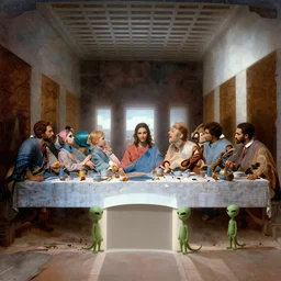 the last supper iconic image long table big family style diner in the artistic style of surreal cat iconography but replace cast with little green aliens like the ones from tv and movies