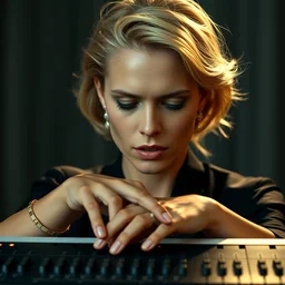 photography of charlize theron playing on a theremin, hands above the theremin instrument, hasselblad nikon, denis villeneuve and ridley scott movie, cinematography, annie leibovitz and steveh mccurry, david lazar, jimmy nelsson, extremely detailed, breathtaking, hyperrealistic, perfect face, octane render