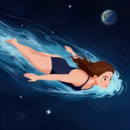 ( ( karolis strautniekas ) ), editorial illustration of a young woman swimming in space, giuseppe riccobaldi, ( ( mads berg ) ), detailed, perspective composition, halftone shaded, matte print, rich grainy texture, bright gradients, dynamic pose, vivid