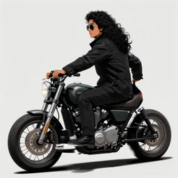 backview of a lone male biker, jet black tuffle coat, motorbike, aviator shades, long wild black curly hair, beard, black jeans, looking at the camera, riding on the road, tech fantasy, digital illustration, artstation