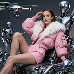 beautiful fantasy character portrait, natalie portman, wearing pink puffy bomber jacket with white fur, robots, seductive reclining pose, futuristic chrome drones, ultra realistic, dramatic lighting, sin city artifacts, highly detailed by peter mohrbacher, hajime sorayama, wayne barlowe, boris vallejo, aaron horkey, gaston bussiere, craig mullins