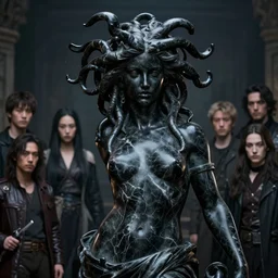 A portrait of medusa as a black marble statue with white streaks by Greg Rutkowski, Sung Choi, Mitchell Mohrhauser, Maciej Kuciara, Johnson Ting, Maxim Verehin, Peter Konig, Bloodborne , 8k photorealistic, cinematic lighting, HD, high details, dramatic, atmospheric , trending on artstation