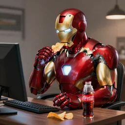 iron man sitting in front of computer and eating chips with coca cola, concept art, trending on artstation, highly detailed, intricate, sharp focus, digital art, 8 k