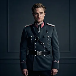fullbody portrait of robert pattinson as ss standartenfuhrer, dramatic cinematic noir, no headdress, no weapons, uncovered head, detailed, 8 k, by wes anderson and greg rutkowski