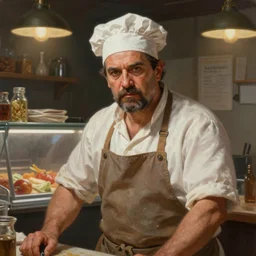 Portrait of a butcher at his butcher shop, digital painting, artstation, concept art, donato giancola, Joseph Christian Leyendecker, WLOP, Boris Vallejo, Breathtaking, 8k resolution, extremely detailed, beautiful, establishing shot, artistic, hyperrealistic, octane render, cinematic lighting, dramatic lighting, masterpiece, light brazen, extremely detailed and beautiful face