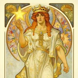 a god wearing clothes and golden crown, holding a star, muscular, flowers, amazing, tarot art, painting by greg rutkowski, alphonse mucha, gustav klimt