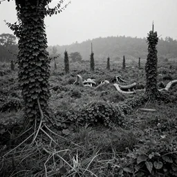 black and white, cinematic, landscape covered in vines, hazy, distant forest, ultra detailed, pieter bruegal, returnal, extra teeth, biome