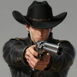 a highly detailed illustration of bts v as focused cowboy wearing black cowboy hat, dramatic wielding gun pose, perfect face, intricate, elegant, highly detailed, centered, digital painting, artstation, concept art, smooth, sharp focus, league of legends concept art, wlop
