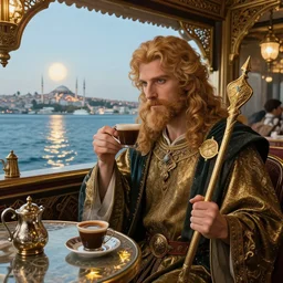 elrond, lord of rivendell, bearer of vilya, vice - regent and herald to gil - galad, having a cup of turkish coffee in a coffee house overlooking the bosphorus strait in istanbul, cinecolor, lumen reflections, detailed and intricate, hypermaximalist, elegant, ornate, fantasy art, by caspar david friedrich, by tolkien