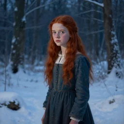 a well - lit, realistic portrait painting of a thoughtful girl resembling a young, shy, redheaded irish alicia vikander or millie bobby brown wearing peasant dress in a deep snow - covered forest at dusk, highly detailed, intricate, concept art, artstation, by donato giancola, ron cobb, and william adolphe bouguereau