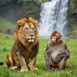 two animals : a lion and a monkey, sitting in a meadow with a waterfall in the background, many details, high quality, 8 k