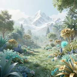 a beautiful 3 d render of a paradise garden, perfect, hazy, volumetric lighting, snowy summits, peaceful, very detailed, serene, cirrus, cyan accents, gold accents, lush flora, flowers, washed out colors, photorealistic, master level composition, raytracing