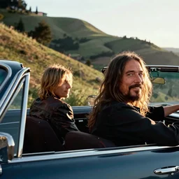 dave grohl is seen with his former drummer, kurt cobain, in a car, driving down a hill. he is looking back and smiling.