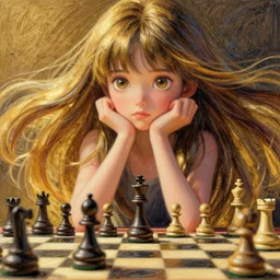 recursive image with a girl thinking about chess, large eyes, her long hair flowing, surreal, oil pastels and gold, in the style of katsuhiro otomo, modeled in poser, redshift render, uhd