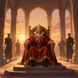 a beautiful artwork illustration, a king sitting on his throne in a grand hall at sunset, by greg rutkowski and jesper ejsing and raymond swanland, featured on artstation, wide angle, vertical orientation