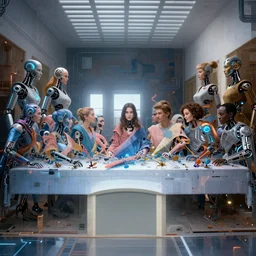 beauty, 13 diverse cyborgs on one_side of a reflective !cybernetic table, posing_as_last_supper, inticrate detailed glowing implants, highly detailed, dramatic lighting, electrical details, high details, beautiful lighting