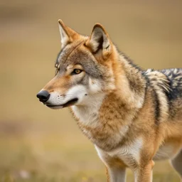 professional digital art of a side profile of a tibetan wolf, tan and brown fur, fluffy, autumn, hd, 8 k, highly detailed, high quality, cute