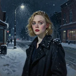 Elle Fanning in hell at night in the world of Edward Hopper, stormy snowy weather, streetlights, extremely detailed masterpiece, oil on canvas, low-key neon lighting, artstation, Blade Runner 2049, Roger Deakin’s cinematography, by J. C. Leyendecker and Peter Paul Rubens,