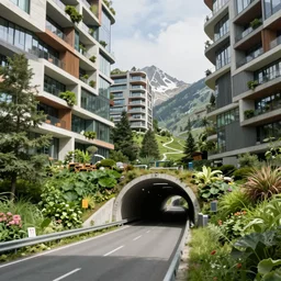 denis villeneuve establishing shot of modern bjarke ingels condo building and gotthard tunnel entrance combined, roads tunnel under bjarke ingels condo building, lush environment, maximalism, scifi artstation digital concept art, unreal engine, hyper realism, realistic shading, blender render, wide shot