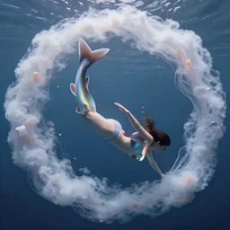 a fish shaped woman, she is half fish half woman ,diving in the air rounded by jelly clouds made by Stanley Artgerm Lau, WLOP, Rossdraws, ArtStation, CGSociety, concept art, cgsociety, octane render, trending on artstation, artstationHD, artstationHQ, unreal engine, 4k, 8k,