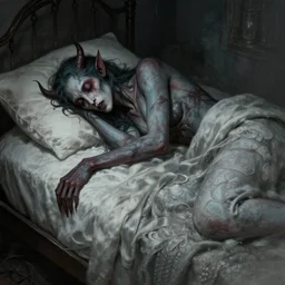 sleep paralysis demon sleeping on a bed, concept art, trending on artstation, wlop, ross draws, digital painting, mixed media, intricate details, volumetric lighting