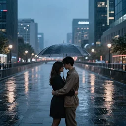 two lovers hugging in the rain at night in a modern chinese city next to a canal, concept art, trending on arstation, dreamlike
