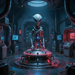 interior of alien laboratory with strange device at the center of a room, eerie blue and red colors, photo, 4 k