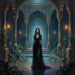 a woman standing in a lovecraftian eldritch persian palace garden. this airbrush painting by the award - winning concept artist has dramatic lighting, an interesting color scheme and great sense of depth.