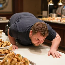 a wildly fat man crawling on a buffet table
