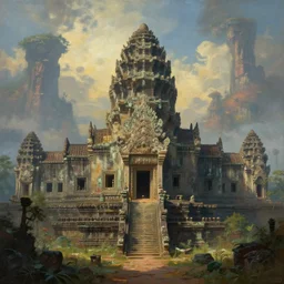 a beautiful painting of a ancient temple on another world by chris moore | wide angle | unreal engine :. 3