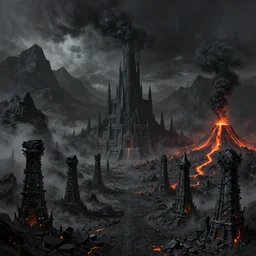 Black sharp stone wasteland, black smoke, giant black tower fortress, black mountains, warforges, volcanos, lava,  a fantasy digital painting by Greg Rutkowski and James Gurney, trending on Artstation, highly detailed