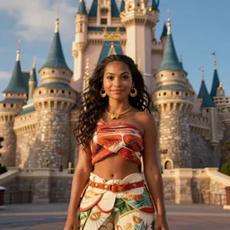 maui from moana in disneyland, realistic photo, standing in front of castle, as real person