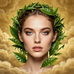 epic portrait of beautiful female face supermodel portrait surrounded by tea leaves, wlop, jeremy lipkin, beeple, intricate, artgerm, ilya kuvshinov, golden clouds background