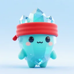 a cute cyan crystal character design wearing a red cloth strip on top, 4K HD, 3D render
