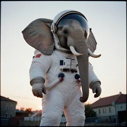 8 mm film still, giant elephant wearing white custom made american spacesuit with oversized giant helmet as astronaut animal, in legnica, sunrise, by vhs camcoder