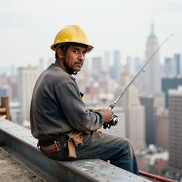 closeup portrait of a construction worker with a fishing rod sitting on a metal beam high over new york city, photography, David Lazar
