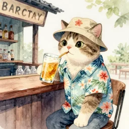 a watercolor illustration of a cat wearing a bucket hat and a hawaii shirt sitting at an outdoor bar drinking a beer