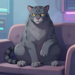 male grey furry panther sitting on a couch, cyberpunk, artstation, deviantart