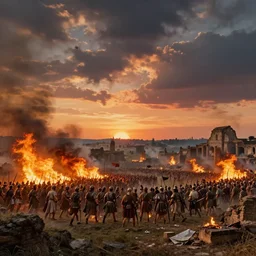 the fall of rome, ancient, war, cinematic, sunset, hyper realistic, multiple subjects, fire, caravaggio painting style, sharp focus, landscape, ruins, dreamy, dystopian, deep colors, ultra detailed, dramatic, legions, volumetric lighting, hauntingly cloudy sky, very detailed, smoke, distant screams, history, republic, invasion