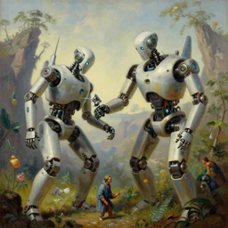 natural landscape | robot repairing another robot, painting by syd mead and weta studio, alphonso mucha, james jean, frank frazetta, highly detailed, rule of third, soft lighting, 8 k resolution, oil on canvas, architectural magazine, beautiful detailed, insanely intricate details, artstation trending, hypermaximalistic, high details, cinematic