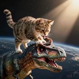 a cat eating a mouse on top on a t-rex in space