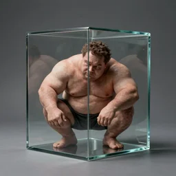 man with gigantism, crammed inside of a small glass cube, thick glass, hyper - realistic, extremely detailed, gray background, gray floor, studio setting, dim lighting, soft lighting