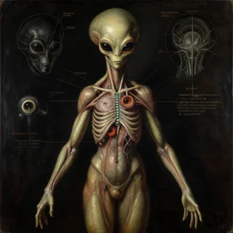an alien anatomy diagram. pulp sci - fi art for omni magazine. high contrast. baroque period, oil on canvas. renaissance masterpiece. trending on artstation. retrofuturism.