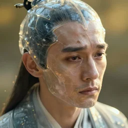 hyperrealistic close-up translucent hard exoskeleton!! sad chinese man covered highly detailed concept art eric zener elson peter cinematic side soft yellow light high angle hd 8k sharp shallow depth of field