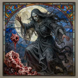 breathtaking detailed soft painting of grim reaper in gauze dress, with long hair and piercing eyes in bleeding meat and flesh, dynamic pose and movement, in an intricate art nouveau stained glass of meat moon, rembrandt style, elegant, highly detailed, artstation, concept art, matte, sharp focus, art by tom bagshaw, luis royo and greg rutkowski