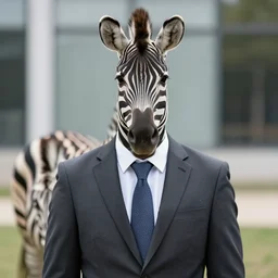 zebra wearing a suit and tie, ready for a meeting, close outdoors business portrait
