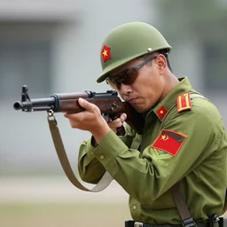 photo of a vietnamese soldier firing his rifle