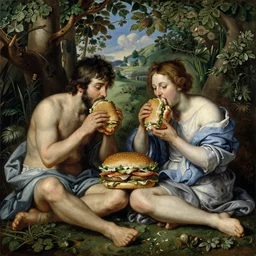 adam and eve eating a big mac in the garden of eden by caravaggio, highly detailed, intricate details, oil painting, deep impasto
