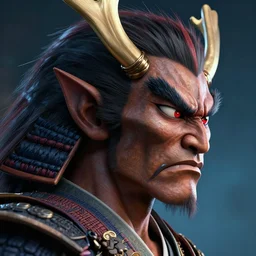 a profile picture of powerful japanese monster samurai, detailed face, face symmetry, fanart artstation global illumination rtx hdr fanart arstation 3 d, character concept portrait by moebius and laurie greasley, profile picture, 8 k, cinematic color grading